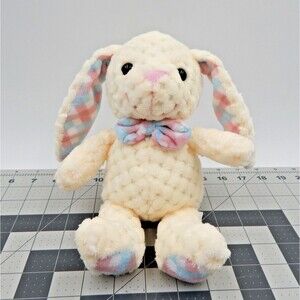 Kellytoy Plush Cream Bunny Rabbit Waffle Quilted Textured Pink Blue Plaid 10 In